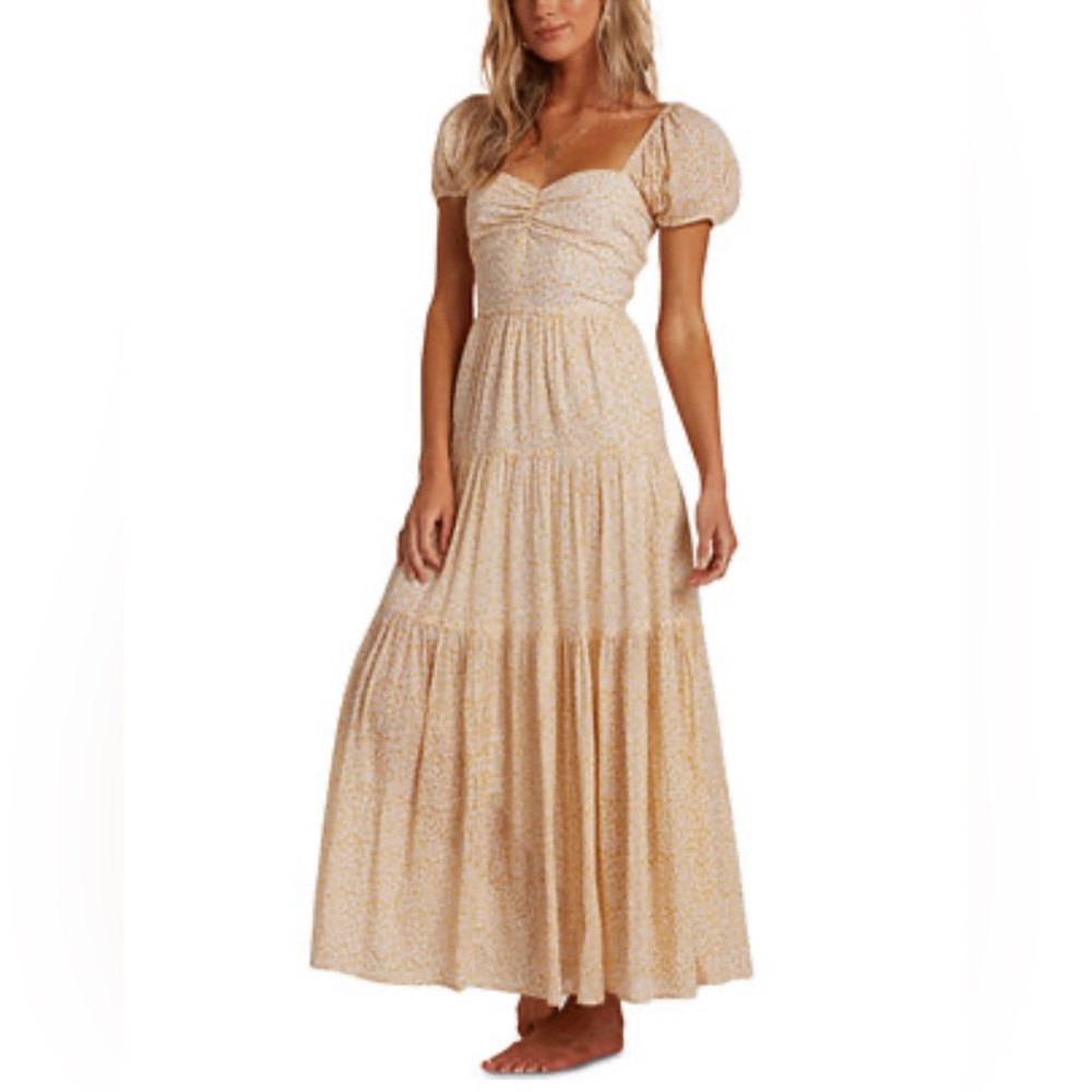 Billabong Sunrise Floral Sweetheart Cotton Maxi Dress Puff Sleeve Cottagecore XS